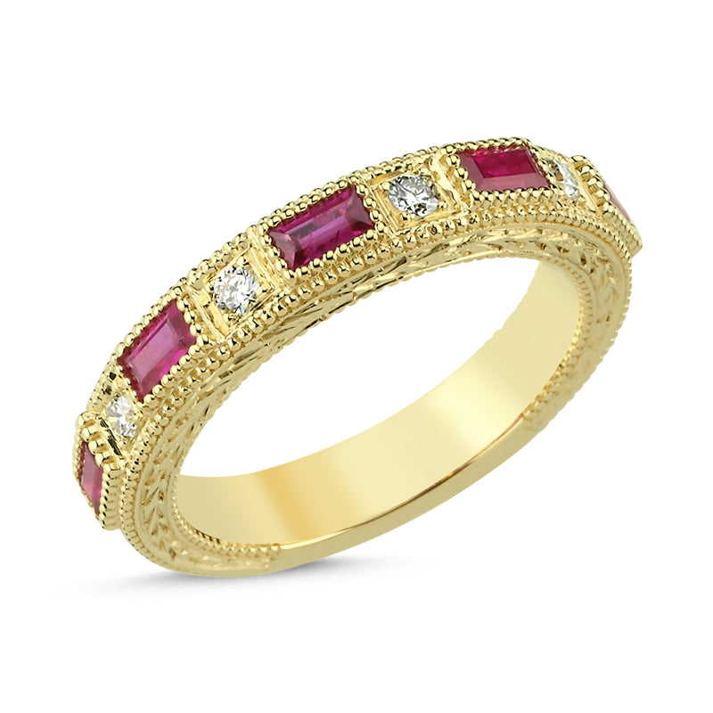 
            
                Load image into Gallery viewer, 14Kt gold, diamond and ruby wedding band
            
        