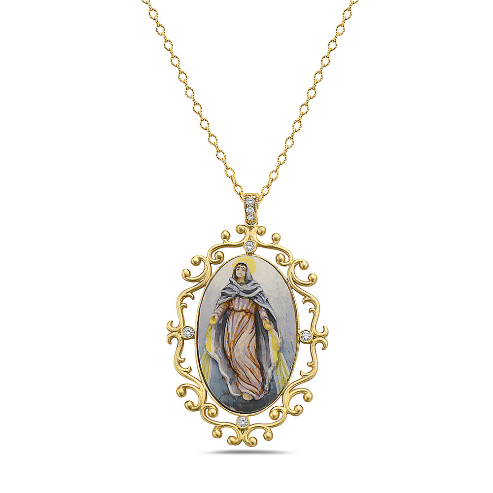 14kt yellow gold and diamond Virgin Mary religious pendant