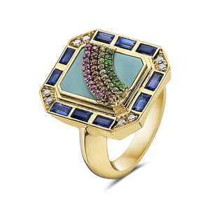 14Kt yellow gold, diamond, blue sapphire and turquoise rainbow ring