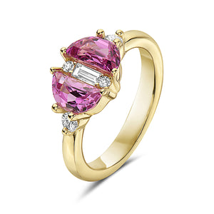 14Kt yellow gold diamond and pink sapphire ring