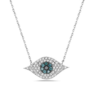 14Kt gold, diamond, blue diamond and black diamond evil eye necklace