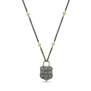 14kt yellow gold, silver and diamond "lock" necklace