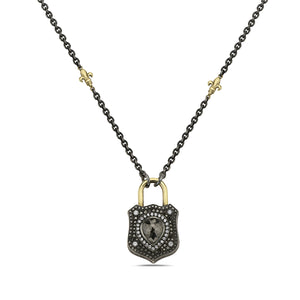 14kt yellow gold/silver black diamond "lock" necklace