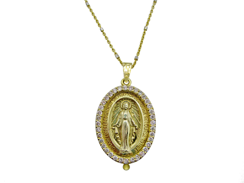 
            
                Load image into Gallery viewer, 14kt yellow gold and diamond Virgin Mary religious pendant
            
        