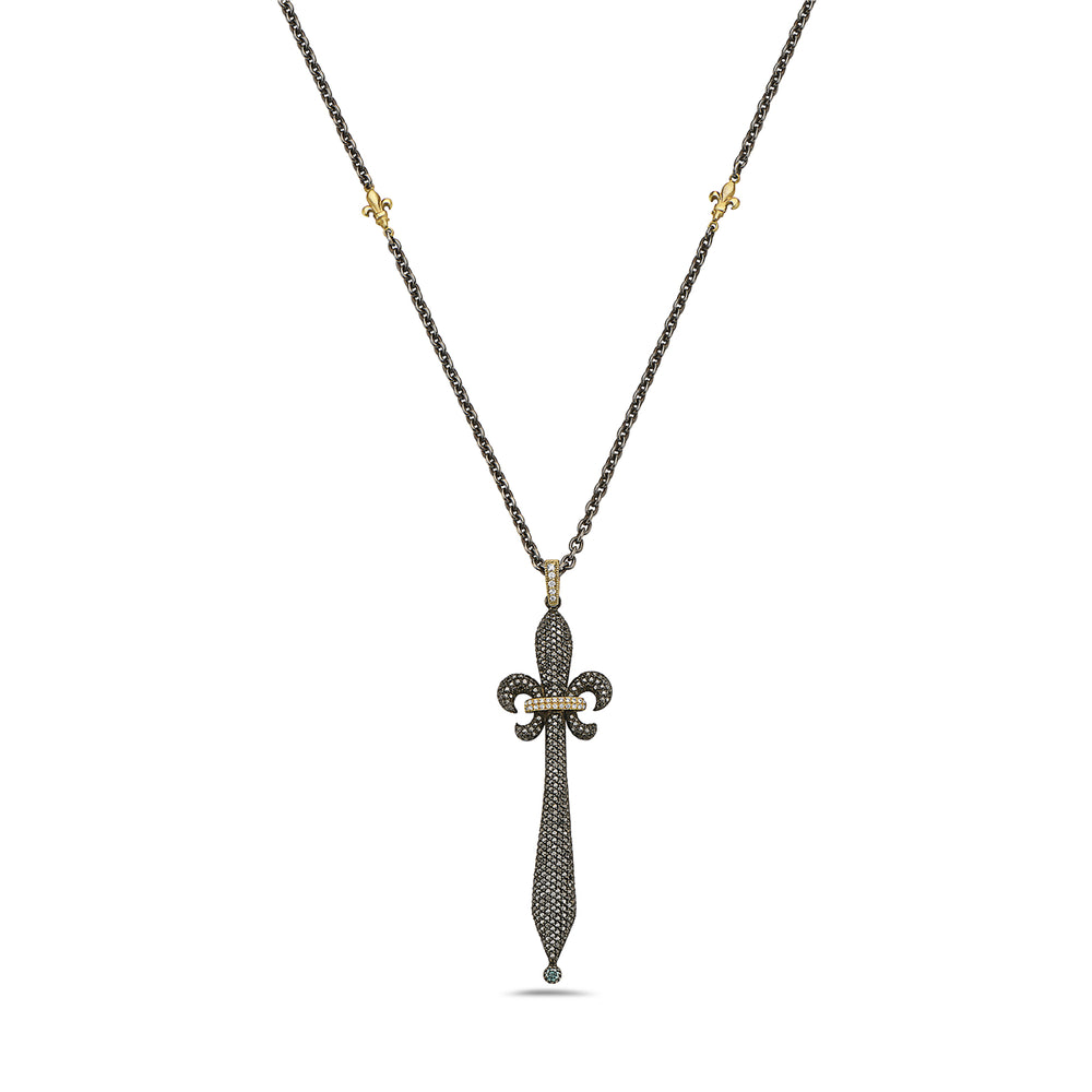 14kt yellow gold/silver and black diamond "dagger" necklace