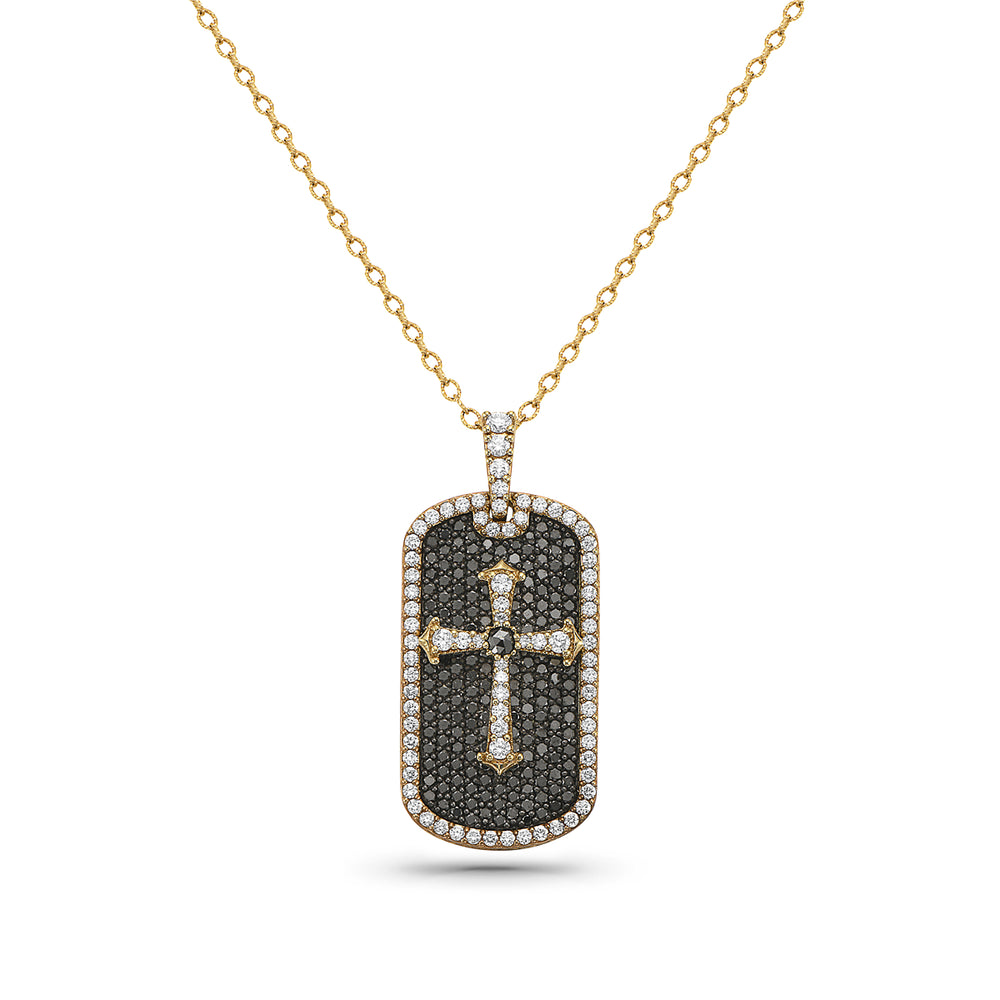 14Kt yellow gold, diamond and black diamond dog tag cross pendant