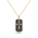14Kt yellow gold, diamond and black diamond dog tag cross pendant