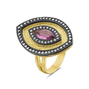 24Kt gold/silver, diamond and pink sapphire ring
