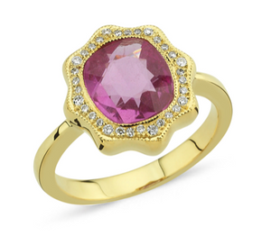 18kt yellow gold diamond and pink sapphire ring