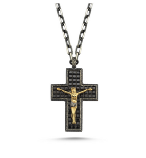
            
                Load image into Gallery viewer, 14kt yellow gold, silver and black onyx crucifix pendant
            
        