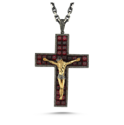 
            
                Load image into Gallery viewer, 14kt yellow gold, silver and garnet crucifix pendant
            
        