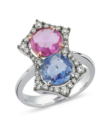 18kt white gold diamond, blue and pink sapphire ring