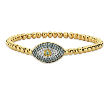 14kt yellow gold diamond, sapphire and blue diamond evil eye bead bracelet